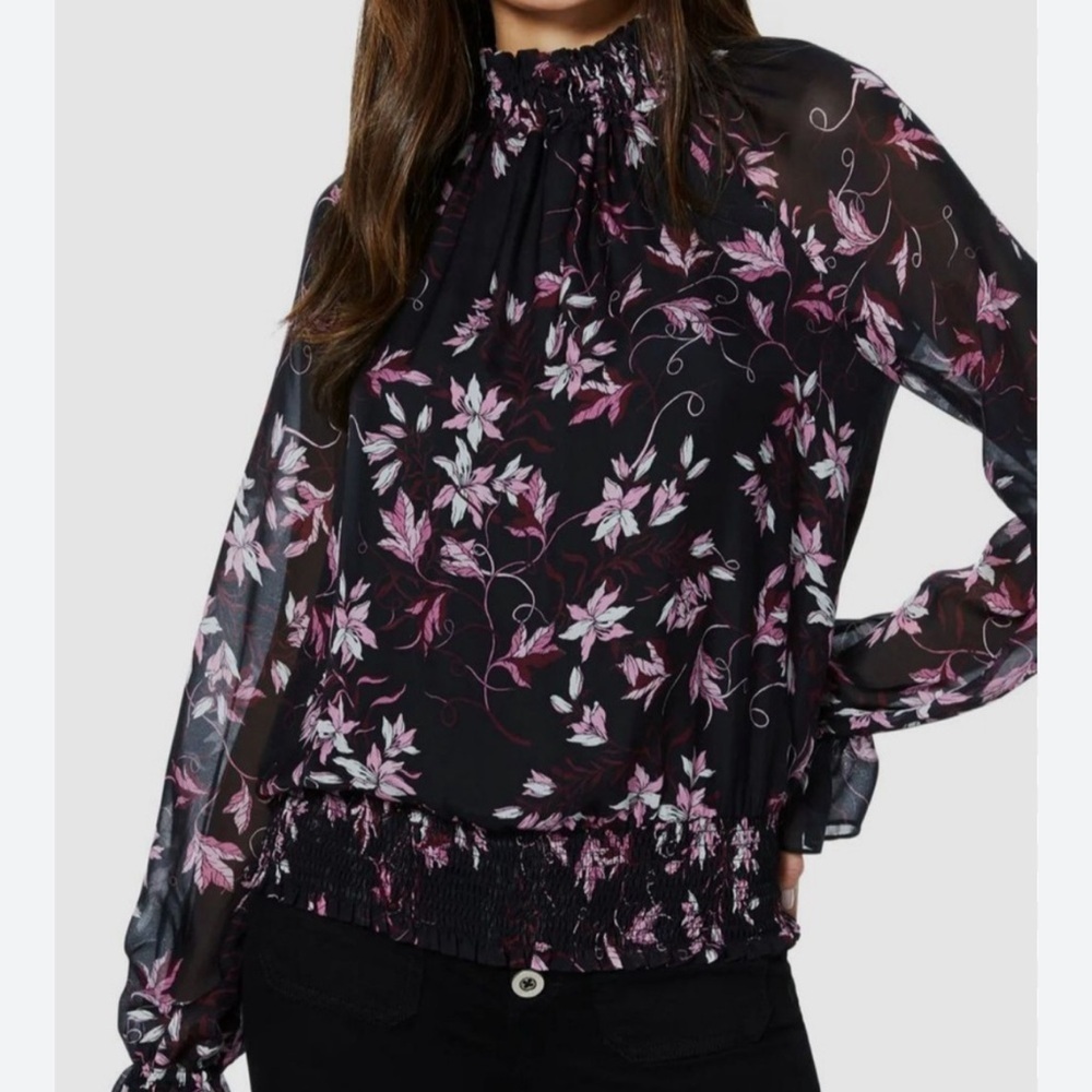 Ramy Brook Silk Black Floral Print Long Sleeve Blouse